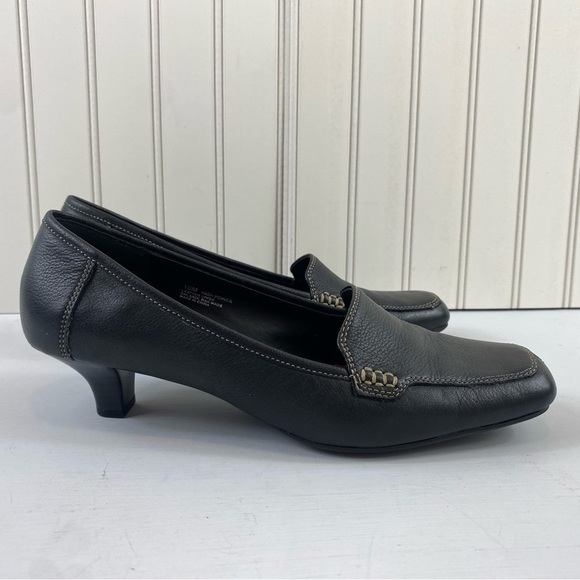 Aerosoles Black Leather Hi Power Square Toe Heeled Loafer 2” Heel Pump Sz 10 - Picture 3 of 14